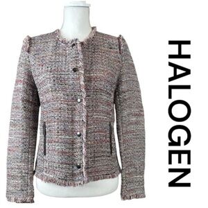HALOGEN Tweed Multi-Colored Blazer w/Fringe Trim, Front Zips & Snaps, Size XS.